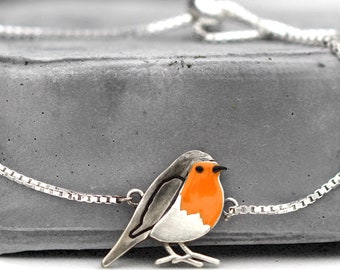 Red robin bird slider bracelet. Sterling Silver and orange enamel. Adjustable. Nature inspired gift for her.