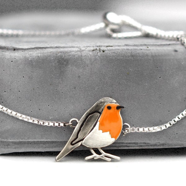 Red robin bird slider bracelet. Sterling Silver and orange enamel. Adjustable. Nature inspired gift for her.