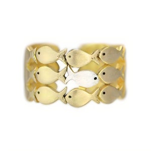 Swimming Against The Current. Sterling GOLD adjustable ring. School of fish with one silver fish swimming upstream. Best gifts for her. image 2