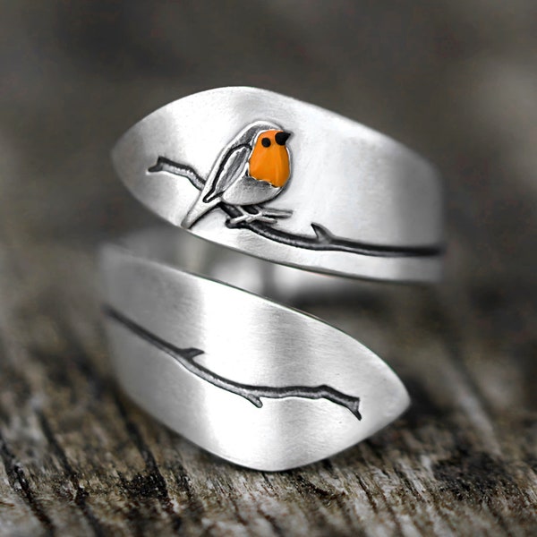 New: Red Robin Bird twisted ring. 925 sterling silver. Adjustable. Unique nature inspired ring for her.