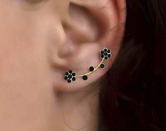 Flower ear climbers. JUST 1 EAR HOLE needed. Gold over sterling silver and black cz flowers. Waterproof leightweight stud earrings.