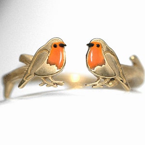 Bague ouverte Red Robin. Or sur argent sterling et émail orange. Bague oiseau unique inspirée de la nature pour elle. image 2