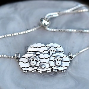 Front back sheep bracelet. Solid 925 sterling silver flock of sheep slider bracelet. Unique cute adjustable bracelet for her.