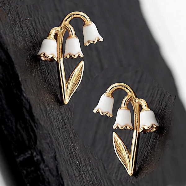 Lily of the Valley stud earrings. Sterling gold plated white enamelled.