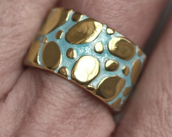 Riverbed. 18K Gold Plated Sterling Silver & Aqua Enamel Ring. Waterproof. Adjustable.