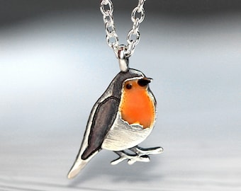 Dainty Robin Bird necklace. Sterling Silver and orange enamel. Nature inspired gift for her.