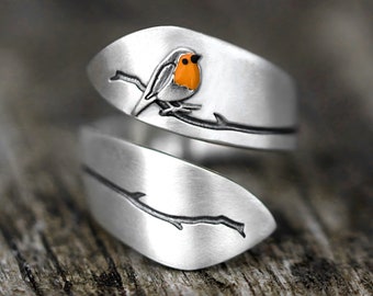 New: Red Robin Bird twisted ring. 925 sterling silver. Adjustable. Unique nature inspired ring for her.