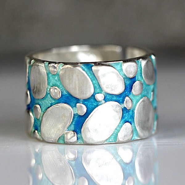 NEU: FLUSSBETT Ring. 925 Sterling Silber & türkis blaue Email. Wasserfest.