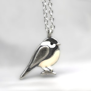 Dainty Chickadee bird necklace. Sterling Silver & beige and white enamel. Black capped chickadee. Gift for nature lovers.