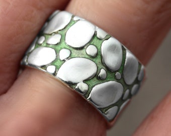New: GARDEN PATH. Sterling Silver & green Enamel ring. Unique handmade nature inspired jewelry for her and him