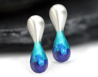 New: Small WATERDROP Enamel Earrings - Handcrafted Sterling Silver Studs with Blue Gradient. Unique waterproof earrings for her.