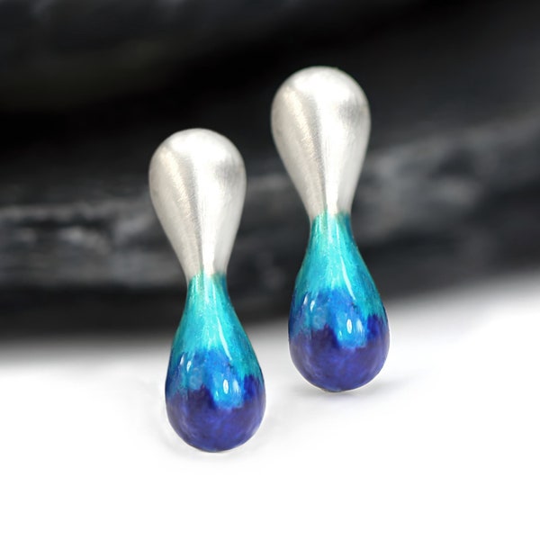 New: Small WATERDROP Enamel Earrings - Handcrafted Sterling Silver Studs with Blue Gradient. Unique waterproof earrings for her.