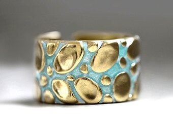 NEU: FLUSSBETT Ring. Vergoldeter Sterling Silber Ring mit Aqua-Email. Wasserfest.