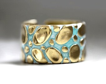 New: RIVERBED. 18K Gold Plated Sterling Silver & Aqua Enamel Ring. Waterproof. Adjustable.