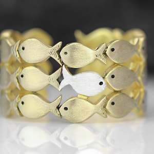 Swimming Against The Current. Sterling GOLD adjustable ring. School of fish with one silver fish swimming upstream. Best gifts for her. image 1