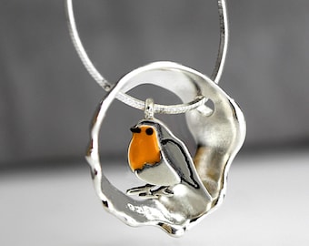 Red Robin bird necklace. Sterling silver and enamel. Nature inspired unique necklace for her.
