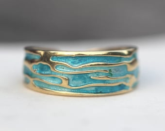 Ocean Ring. 18k gold plated sterling silver. Enamel in shades of turquoise. Unique handmade ring for women. Waterproof.