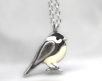 Dainty Chickadee bird necklace. Sterling Silver & beige and white enamel. Black capped chickadee. Gift for nature lovers.
