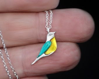 New: Dainty BIRDIE necklace. Sterling silver and enamel. Unique handmade necklace. Nature inspired gift for her.