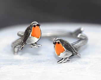 Red Robin open ring. Sterling silver and orange enamel. Unique nature inspired bird ring for her.