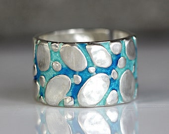 NEW: RIVER BED silver ring. Blue turquoise enamel & sterling silver pebble stones. Adjustable. Waterproof.