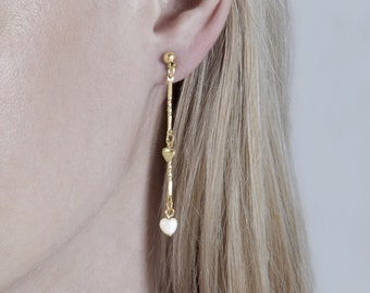 Long dangling heart stud earrings. 18k gold. White pearl. Dainty long chain earrings. Summer jewelry for her.