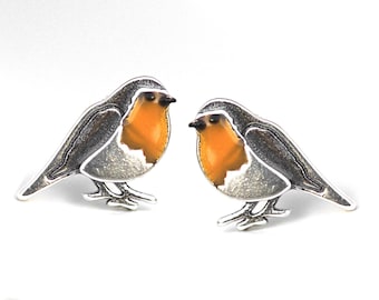 Red robin bird stud earrings. Small robin birds with orange enamel. Sterling silver. Unique nature inspired bird earrings for her.