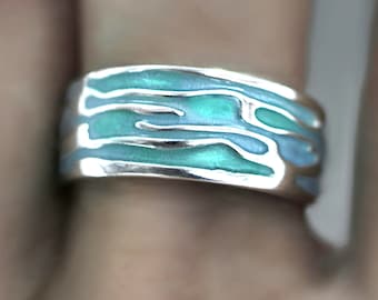 Ocean ring. Sterling Silver ring with embedded green turquoise waves. Enameled. Unique handmade holiday gift idea. Nature inspired.