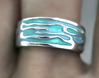 Bague océan. Bague en argent sterling avec vagues turquoises vertes incrustées. Émaillé. Idée cadeau unique faite main pour les fêtes. Inspiré de la nature.