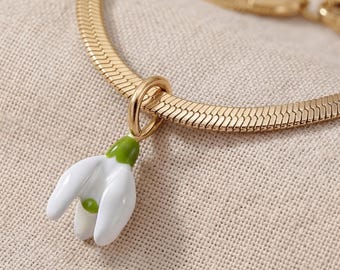 Snowdrop Bracelet. Never Fades. 18k Gold Plated and White & Green Enamel .