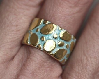 New: RIVERBED. 18K Gold Plated Sterling Silver & Aqua Enamel Ring. Waterproof. Adjustable.
