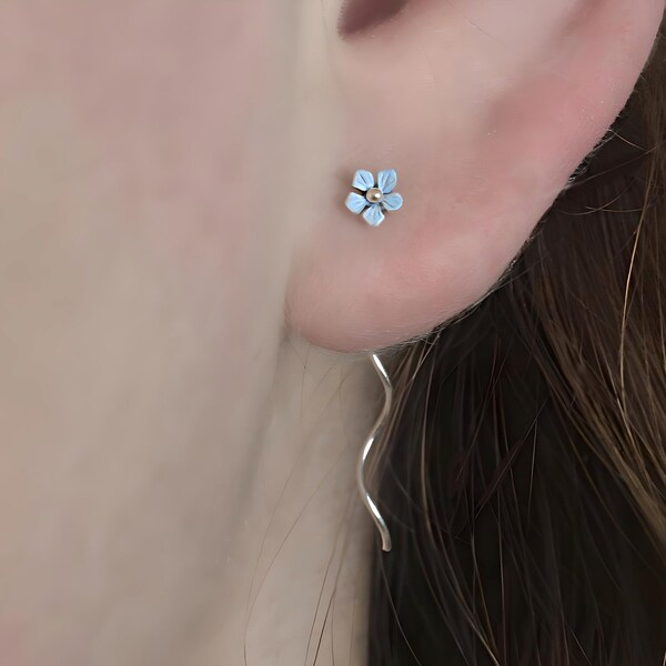 Tiny silver Forget me Not earrings. Dainty sterling threader earrings with light blue enameled blossom. Threader Stud earring for her.