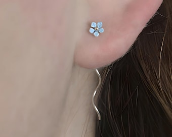 Tiny silver Forget me Not earrings. Dainty sterling threader earrings with light blue enameled blossom. Threader Stud earring for her.