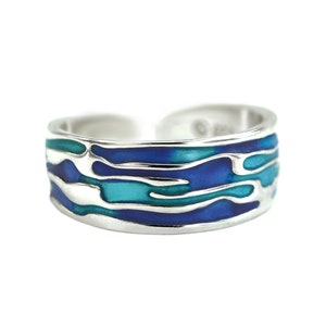 Ocean Ring. Sterling Silver ring with embedded blue turquoise waves. Enameled. Unique handmade holiday gifts. image 3