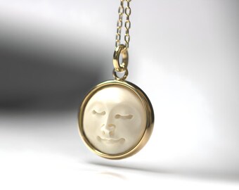 New: Moon Face Necklace. Hand casted full moon. Eco friendly white resin. Vegan. Real gold plated silver and stainless steel.