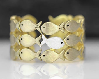 Swimming Against The Current. Sterling GOLD adjustable ring. School of fish with one silver fish swimming upstream. Best gifts for her.