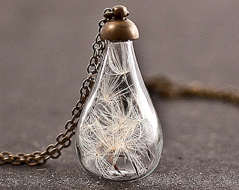 Larme en verre soufflé remplie de vraies graines de pissenlit - collier délicat, cadeau pour elle