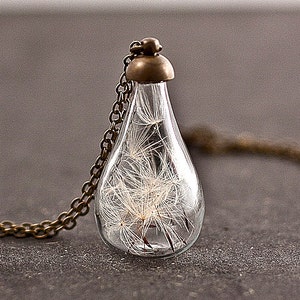 Handblown glass teardrop filled with REAL DANDELION seeds delicate necklace, gift for her image 1