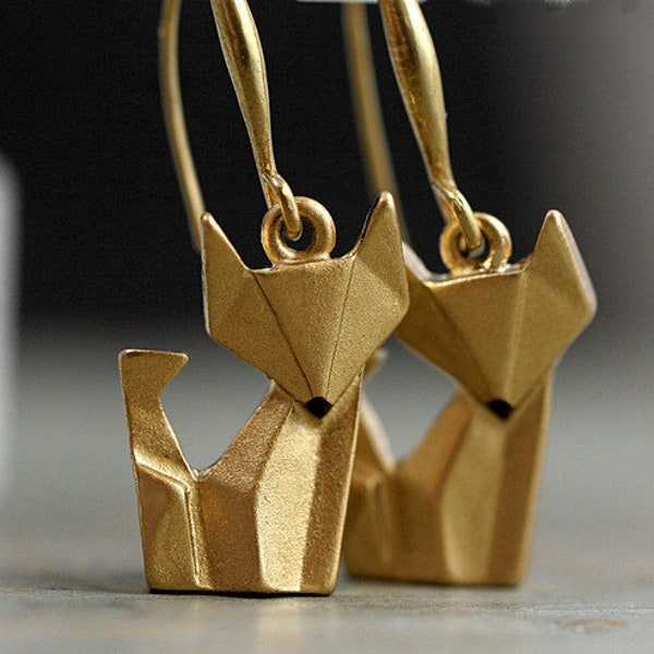 Origami Fox dangle earrings. Hand painted and gilded. Leightweight.