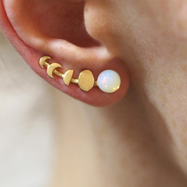 Moon Phase ear climbers. Ear crawler with glass opal. 18k gold over sterling earrings waning and waxing moon.