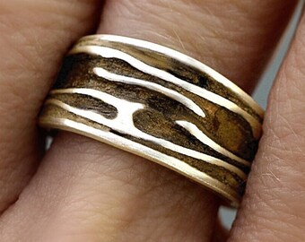 New: TREE BARK Ring. Sterling silver adjustable ring with wooden inlay. Unique handmade nature inspired ring for her.