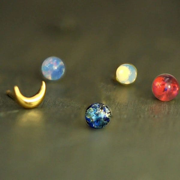 Planet SYSTEM. Tiny gold stud earrings. Moon, star, earth, mars, saturn etc. Numerous studs to choose from. Best gifts for her.