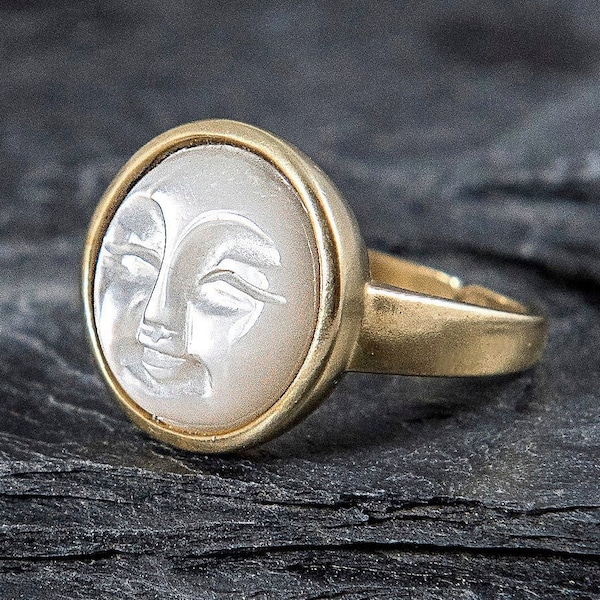 Gold carved shell moon face ring. Mother of pearl.