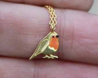 Dainty Robin Bird necklace. Gold plated sterling and orange enamel. Nature inspired gift for her.