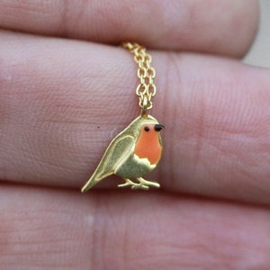 Dainty Robin Bird necklace. Gold plated sterling and orange enamel. Nature inspired gift for her.
