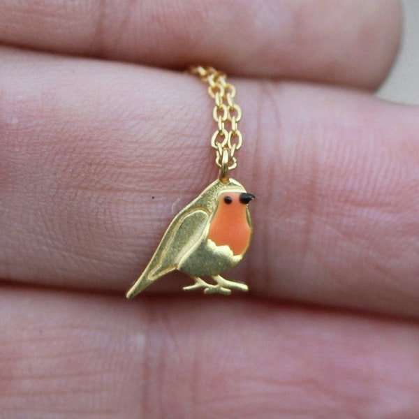 Sierlijke Robin Bird ketting. Verguld sterling en oranje emaille. Op de natuur geïnspireerd cadeau voor haar.