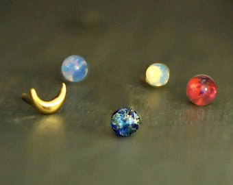 Planet SYSTEM. Tiny gold stud earrings. Moon, star, earth, mars, saturn etc. Numerous studs to choose from. Best gifts for her.