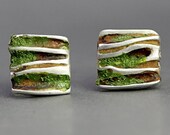 New Sterling MOSS WOOD stud earrings. Delicate square earring studs with moss and oak. Nature inspired small earrings. Gift for her.