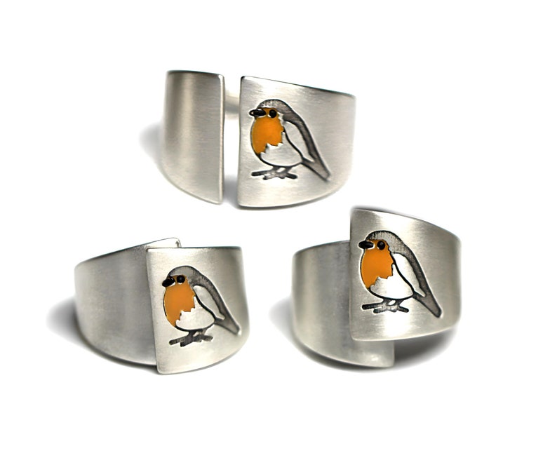 Robin Bird ear climbers. Sterling Silver and orange enamel. Just 1 ear hole needed. imagen 7