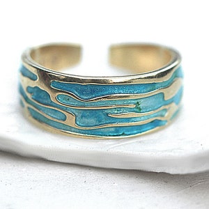 Ocean Ring. 18k gold plated sterling silver. Enamel in shades of turquoise. Unique handmade ring for women. Waterproof. image 2